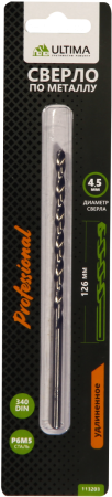 Сверло по металлу Ultima спиральное, удлиненное, P6M5, 4,5х126 мм Сверло по металлу Ultima спиральное, удлиненное, P6M5, 4,5х126 мм