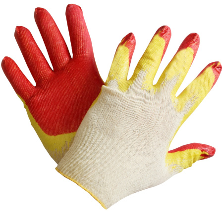 Перчатки трикотажные 13 класс с двойным латексным желто-красным покрытием