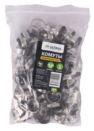 Хомуты нержавеющая сталь Ultima, 12-20 мм, ширина 9 мм, 100 шт/пакет