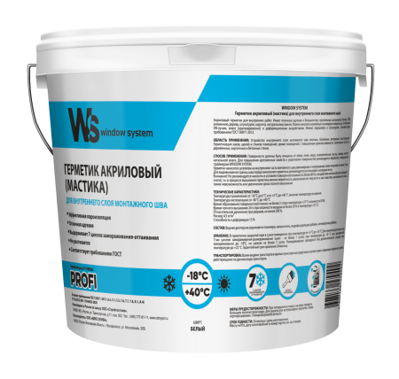 Акриловый герметик для внутреннего шва, Window System, ведро 7 кг  Акриловый герметик для внутреннего шва, Window System, ведро 7 кг