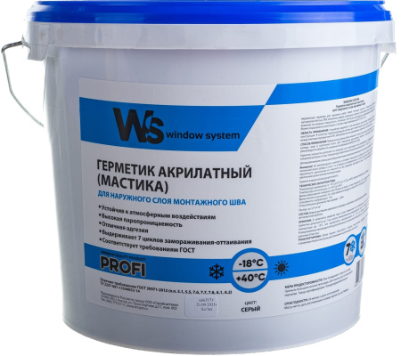 Акриловый герметик для наружного шва, светло-серый, Window System, ведро 7 кг  Акриловый герметик для наружного шва, светло-серый, Window System, ведро 7 кг