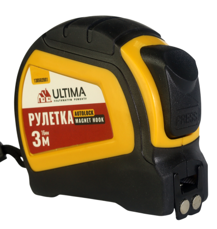 Рулетка Autolock Magnet Hook 3м x 16мм,   автост, магнит двухсторон зацеп Ultima (1уп-12шт, 1кор-10уп)
