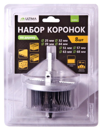 Набор коронок по дереву Ultima, 25-68мм/28 мм, 8 шт в наб.